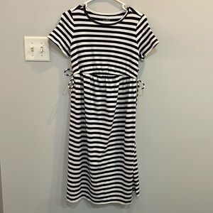 Isabel Maternity Navy White Striped Knit Dress XS Tie Waist Soft Stretch